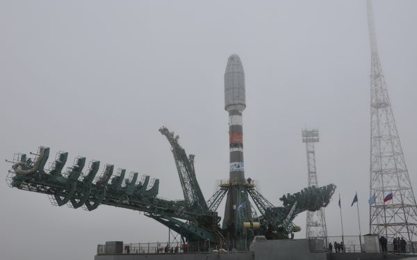 The Soyuz-2.1b is installed on the launch pad of the Baikonur Cosmodrome